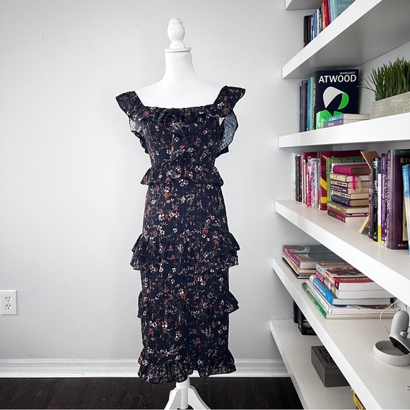 Tularosa REVOLVE Lily Floral gingham MIDI Ruffle Tiered Off Shoulder Dress XS - Picture 2 of 13